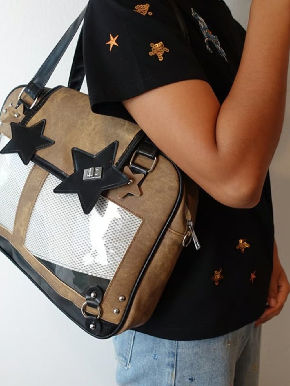Caramel Large Y2K Ita Bag Crossbody, Vegan Leather Pin Display Shoulder Itabag